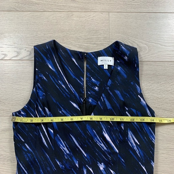 MILLY Blue Brushstroke Print V-Neck Sheath Work Career Office Midi Dress - Picture 9 of 15